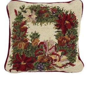 Christmas Needlepoint Pillow Floral Wreath Poinsettias Fruit Holiday Home Decor